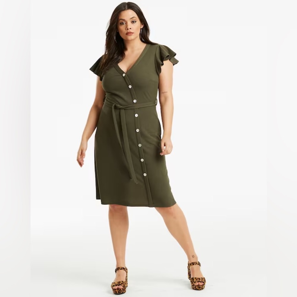 Simply Be Women's Khaki Button Through Short Sleeve Midi Dress
